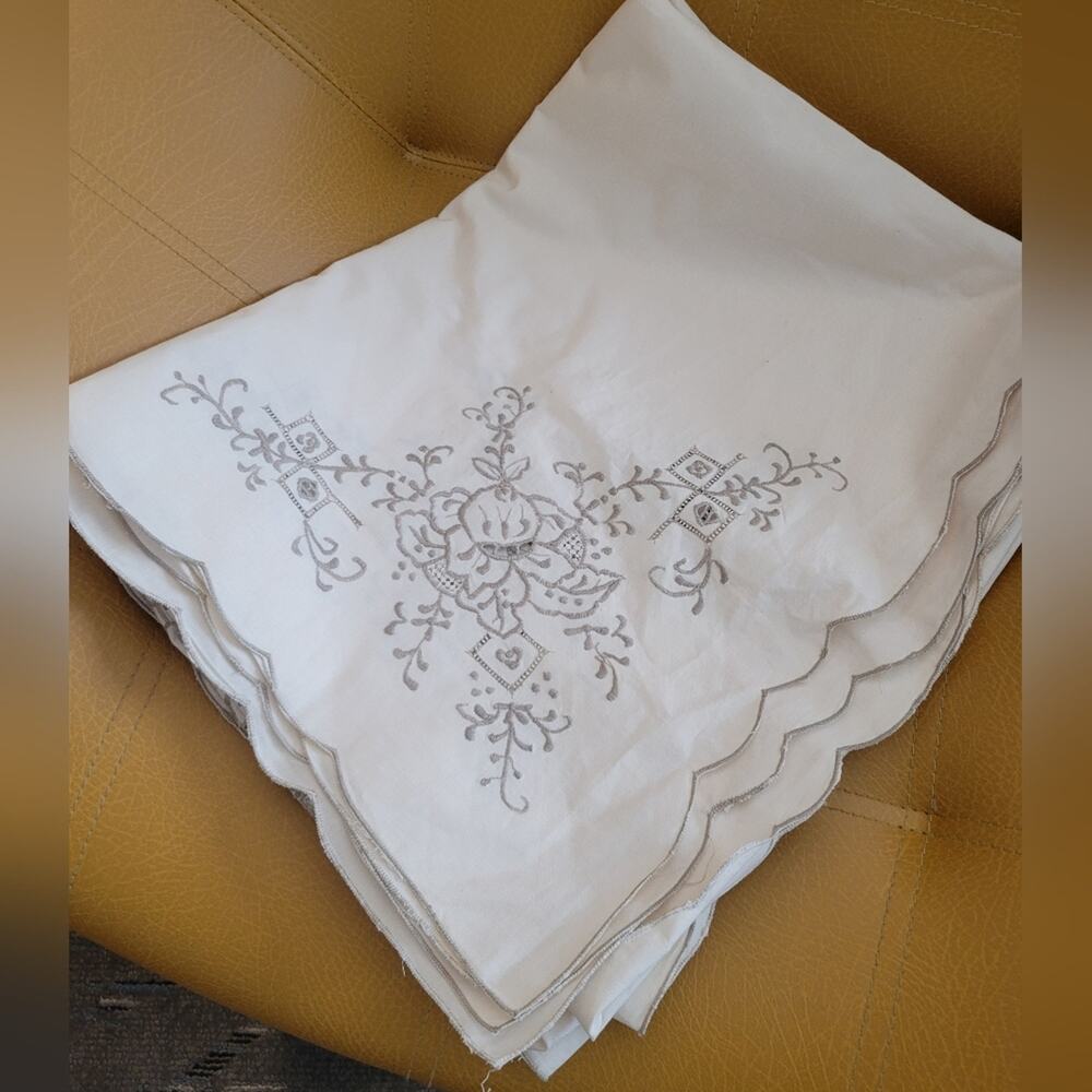 Handmade Spanish Embroidered Floral Cotton Tablecloth Cream Rectangular NWT